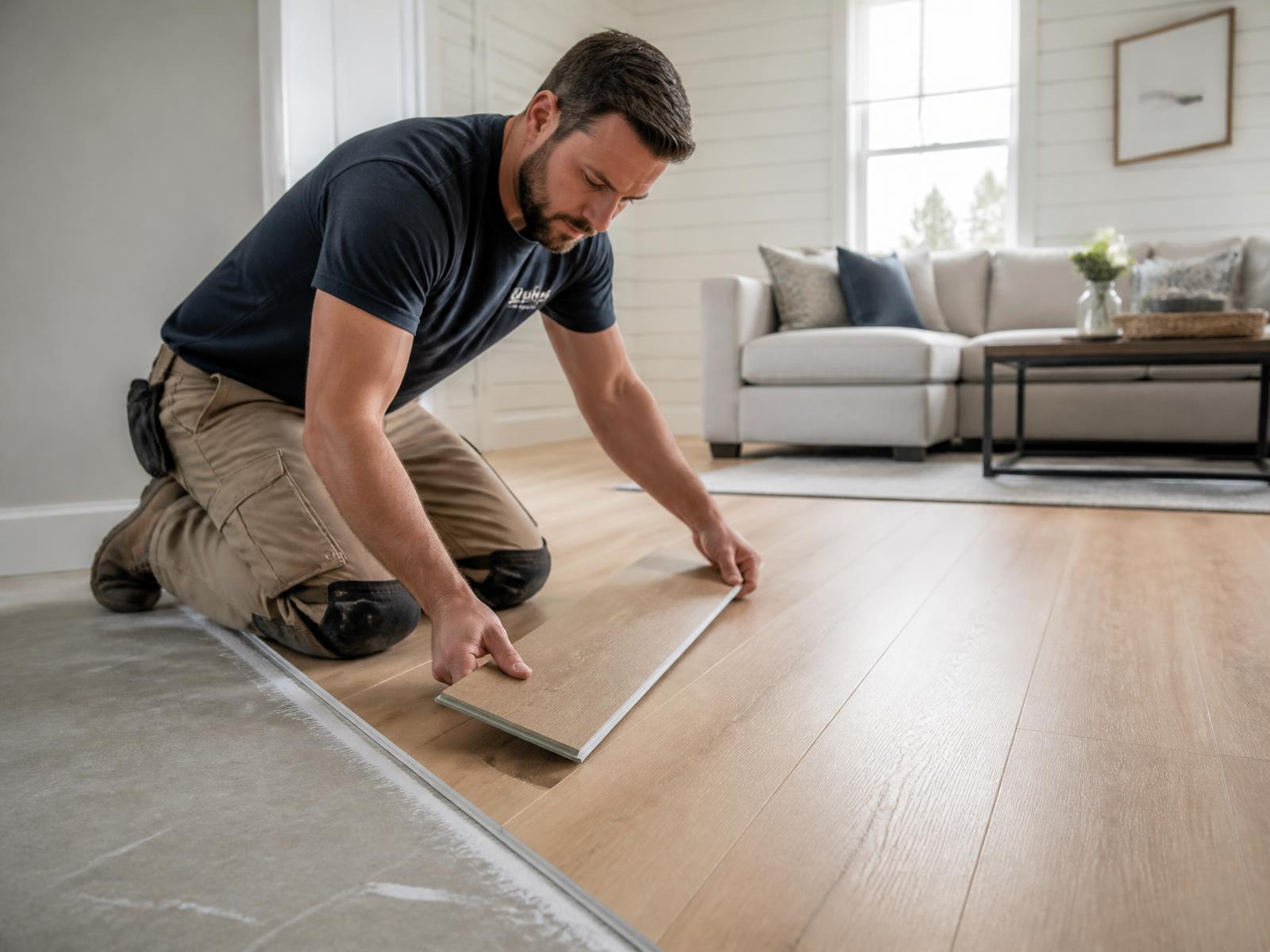 Installer clicking a light oak vinyl plank into place in a bright living room