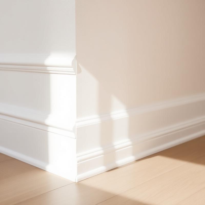 Freshly installed white baseboard and trim next to new vinyl plank floor